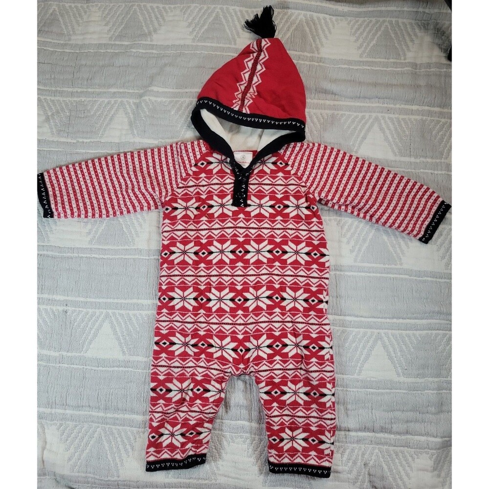 Hanna Andersson Baby Fair‎ Isle Hooded Romper Red Knit One Piece Size 70 (6–12M